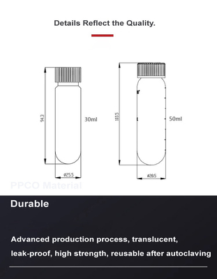 أنبوب الطرد المركزي PP PPCO المواد مع غطاء الختم 50ml أنبوب عالية السرعة ماكس RCF 50000xg